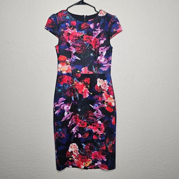 Betsey Johnson Floral print cap sleeve sheath dress Women's size 4 blue pink - Picture 2 of 7